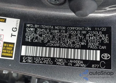 2022 Toyota Prius L z USA, uszkodzony, nr VIN JTDKAMFU5N3187281